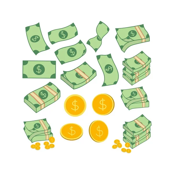 货币平面插图 美元和金币堆积如山 财富和银行业的象征 因白人背景而被隔离 — 图库矢量图片