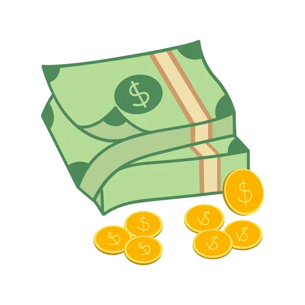 货币平面插图 美元和金币堆积如山 财富和银行业的象征 因白人背景而被隔离 — 图库矢量图片