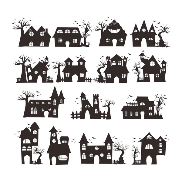 Haunted Casa Silhouette Illustrazione Isolato Sfondo Bianco — Vettoriale Stock