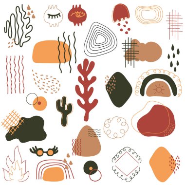 Minimalist soyut sanat koleksiyonu şekillendirir. Pastel renkli karalama demeti moda tasarımı, yaz sezonu veya doğal konsept için. Soyut Bohem Elementleri.