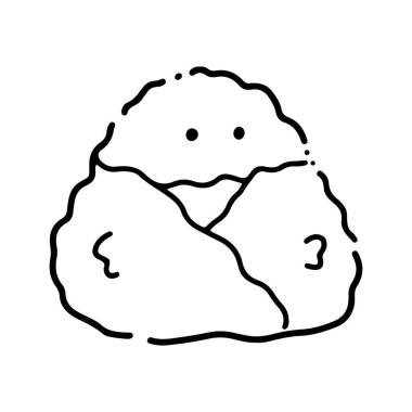 Tatlı çizgi film yemek karakteri. Şirin Onigiri Taslak. Komik pirinçli, nori sarılı ve sevimli yüzlü, çizgi film Japon yemek maskotu, onigiri sticker illüstrasyon