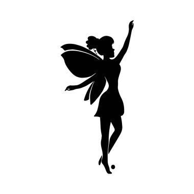 Beyaz arka planda bir perinin silueti. Şirin Peri sanatı. Güzel periler silueti, küçük periler silueti. El çizimi vektör illüstrasyonu