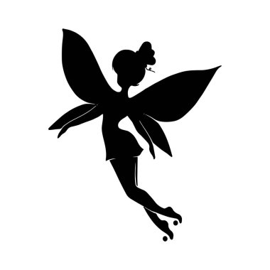 Beyaz arka planda bir perinin silueti. Şirin Peri sanatı. Güzel periler silueti, küçük periler silueti. El çizimi vektör illüstrasyonu