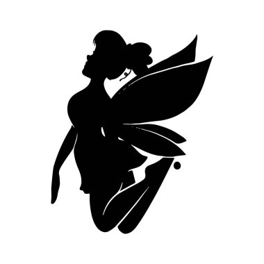 Beyaz arka planda bir perinin silueti. Şirin Peri sanatı. Güzel periler silueti, küçük periler silueti. El çizimi vektör illüstrasyonu