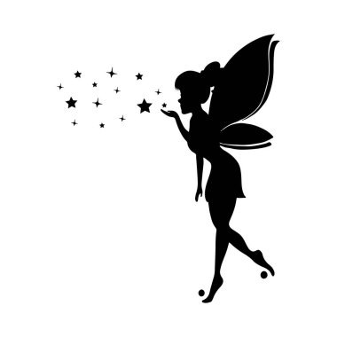 Beyaz arka planda bir perinin silueti. Şirin Peri sanatı. Güzel periler silueti, küçük periler silueti. El çizimi vektör illüstrasyonu