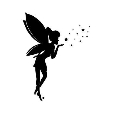 Beyaz arka planda bir perinin silueti. Şirin Peri sanatı. Güzel periler silueti, küçük periler silueti. El çizimi vektör illüstrasyonu