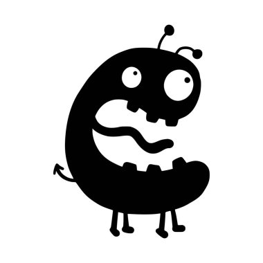 Tatlı canavarlar silueti. Mutlu Cadılar Bayramı. Sevimli canavar. Kawaii çizgi filmi komik bebek karakteri. Çıkartma izi. Gözler, boynuz, dişler sivri dil, kanatlar. Beyaz arkaplan Vektörü illüstrasyonu