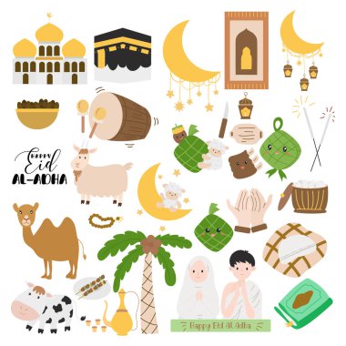 İslami bayram karalamaları seti. İzler, kartlar, yüceltme, çıkartmalar, renklendirme sayfaları vs. için beyaz arkaplanda izole edilmiş tek renkli elementler kümesi.