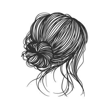 Bir kadının saç stilinin vektör eliyle çizilmiş hali. Beyaz arka planda izole edilmiş. Kadın saç stilinin siyah beyaz çizimi. 