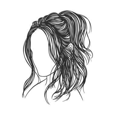 Bir kadının saç stilinin vektör eliyle çizilmiş hali. Beyaz arka planda izole edilmiş. Kadın saç stilinin siyah beyaz çizimi. 