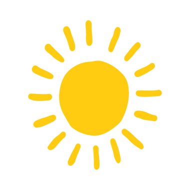 Sevimli karalama güneşi parlıyor. Doodle Sun çizimi. El çizimi şirin turuncu güneş batımı. Çocukların çizim tarzını karala. Vektör illüstrasyonu