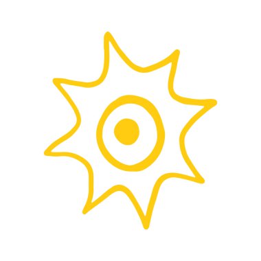 Sevimli karalama güneşi parlıyor. Doodle Sun çizimi. El çizimi şirin turuncu güneş batımı. Çocukların çizim tarzını karala. Vektör illüstrasyonu