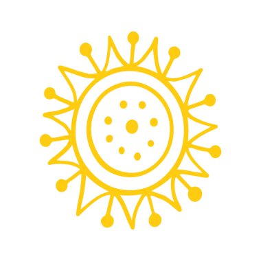 Sevimli karalama güneşi parlıyor. Doodle Sun çizimi. El çizimi şirin turuncu güneş batımı. Çocukların çizim tarzını karala. Vektör illüstrasyonu