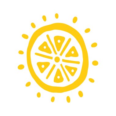 Sevimli karalama güneşi parlıyor. Doodle Sun çizimi. El çizimi şirin turuncu güneş batımı. Çocukların çizim tarzını karala. Vektör illüstrasyonu