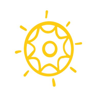 Sevimli karalama güneşi parlıyor. Doodle Sun çizimi. El çizimi şirin turuncu güneş batımı. Çocukların çizim tarzını karala. Vektör illüstrasyonu