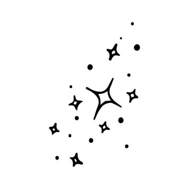 Yıldızlar ve parıltılar karalama çizimi. Parılda, göz kırp, havai fişek, sim silueti ve çizim tarzında parıldayan semboller. El çizimi vektör çizimi beyaz arkaplanda izole edildi