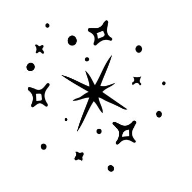 Yıldızlar ve parıltılar karalama çizimi. Parılda, göz kırp, havai fişek, sim silueti ve çizim tarzında parıldayan semboller. El çizimi vektör çizimi beyaz arkaplanda izole edildi