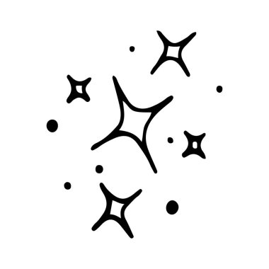 Yıldızlar ve parıltılar karalama çizimi. Parılda, göz kırp, havai fişek, sim silueti ve çizim tarzında parıldayan semboller. El çizimi vektör çizimi beyaz arkaplanda izole edildi