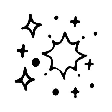 Yıldızlar ve parıltılar karalama çizimi. Parılda, göz kırp, havai fişek, sim silueti ve çizim tarzında parıldayan semboller. El çizimi vektör çizimi beyaz arkaplanda izole edildi