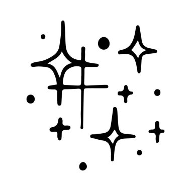 Yıldızlar ve parıltılar karalama çizimi. Parılda, göz kırp, havai fişek, sim silueti ve çizim tarzında parıldayan semboller. El çizimi vektör çizimi beyaz arkaplanda izole edildi