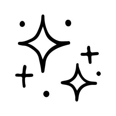 Yıldızlar ve parıltılar karalama çizimi. Parılda, göz kırp, havai fişek, sim silueti ve çizim tarzında parıldayan semboller. El çizimi vektör çizimi beyaz arkaplanda izole edildi