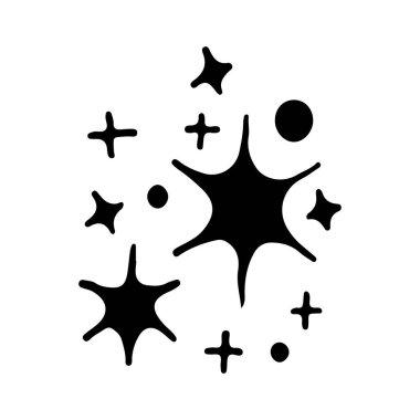 Yıldızlar ve parıltılar karalama çizimi. Parılda, göz kırp, havai fişek, sim silueti ve çizim tarzında parıldayan semboller. El çizimi vektör çizimi beyaz arkaplanda izole edildi