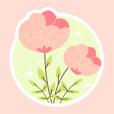 Pembe çiçekli şirin vektör çizimi ve pembe arka planda yıldızlar.