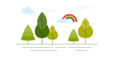 Vektör düz çizimler - Eko tarzı yaşam. Soyut orman. Vahşi yaşam. Orman manzaralı. Bilgi grafiği ve doğal orman manzaralarının elementleri, düz tasarım vektör çizimi