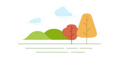 Vektör düz çizimler - Eko tarzı yaşam. Soyut orman. Vahşi yaşam. Orman manzaralı. Bilgi grafiği ve doğal orman manzaralarının elementleri, düz tasarım vektör çizimi