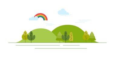 Vektör düz çizimler - Eko tarzı yaşam. Soyut orman. Vahşi yaşam. Orman manzaralı. Bilgi grafiği ve doğal orman manzaralarının elementleri, düz tasarım vektör çizimi