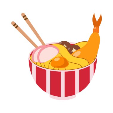 Erişte, yumurta, et ve sebze karışımlı makarna çorbası. Japon yemekleri beyaz arka planda izole edilmiş. Düz dizaynlı Ramen resimli simge