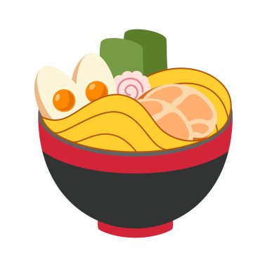 Erişte, yumurta, et ve sebze karışımlı makarna çorbası. Japon yemekleri beyaz arka planda izole edilmiş. Düz dizaynlı Ramen resimli simge