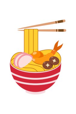 Erişte, yumurta, et ve sebze karışımlı makarna çorbası. Japon yemekleri beyaz arka planda izole edilmiş. Düz dizaynlı Ramen resimli simge