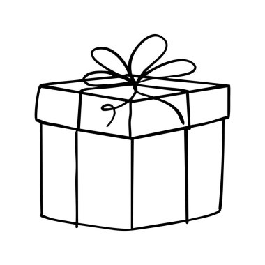 Yay çizgili kitap sayfası çizgi çizimi olan hediye kutusu. Hediye kutusu beyaz, Noel hediyesi kutusu kurdeleli, ana hatlı hediye kutusu vektörü