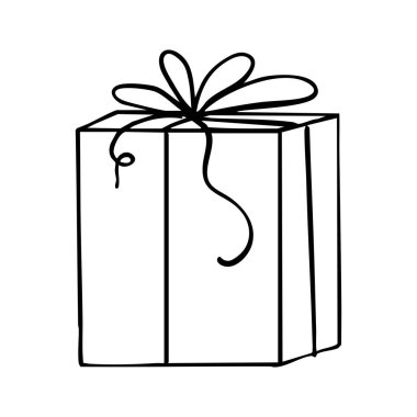 Yay çizgili kitap sayfası çizgi çizimi olan hediye kutusu. Hediye kutusu beyaz, Noel hediyesi kutusu kurdeleli, ana hatlı hediye kutusu vektörü