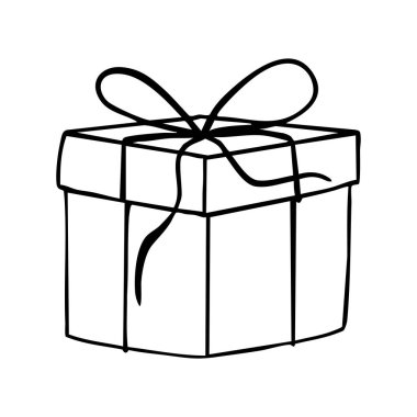 Yay çizgili kitap sayfası çizgi çizimi olan hediye kutusu. Hediye kutusu beyaz, Noel hediyesi kutusu kurdeleli, ana hatlı hediye kutusu vektörü