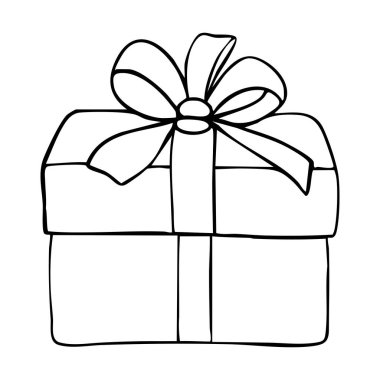 Yay çizgili kitap sayfası çizgi çizimi olan hediye kutusu. Hediye kutusu beyaz, Noel hediyesi kutusu kurdeleli, ana hatlı hediye kutusu vektörü