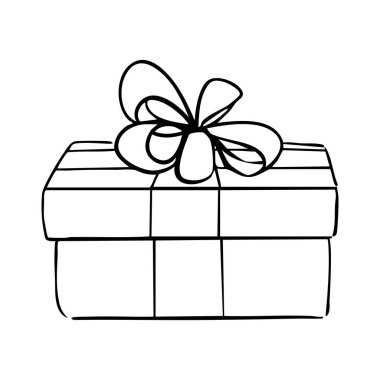 Yay çizgili kitap sayfası çizgi çizimi olan hediye kutusu. Hediye kutusu beyaz, Noel hediyesi kutusu kurdeleli, ana hatlı hediye kutusu vektörü