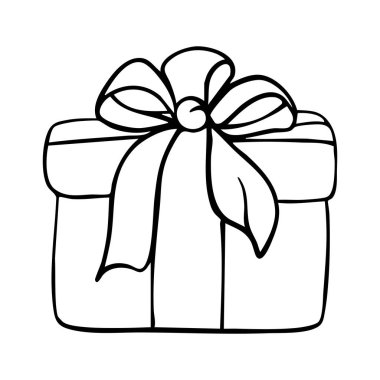 Yay çizgili kitap sayfası çizgi çizimi olan hediye kutusu. Hediye kutusu beyaz, Noel hediyesi kutusu kurdeleli, ana hatlı hediye kutusu vektörü
