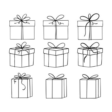 Yay çizgili kitap sayfası çizgi çizimi olan hediye kutusu. Hediye kutusu beyaz, Noel hediyesi kutusu kurdeleli, ana hatlı hediye kutusu vektörü