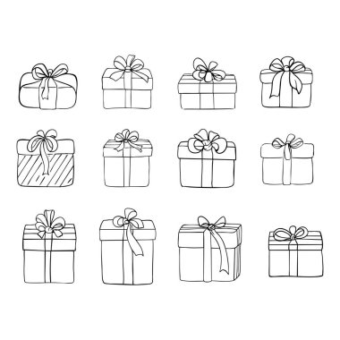 Yay çizgili kitap sayfası çizgi çizimi olan hediye kutusu. Hediye kutusu beyaz, Noel hediyesi kutusu kurdeleli, ana hatlı hediye kutusu vektörü