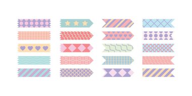 İzole edilmiş washi bantları, yapışkan koli bantları, yapışkan kağıt ve çıkartmalar. Beyaz arka planda yırtık kenarlı çeşitli desenli elementler. Koleksiyon defteri ve kolaj için vektör koleksiyonu.