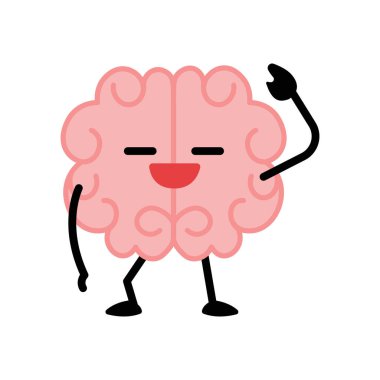 Çizgi film karakteri. Ayakları, elleri ve gülümseyen komik yüzü olan sevimli pembe bir zihin, insan organı zeki maskotu, eğitim sembolü, izole edilmiş emoji, bilgi simgesi süslü vektör seti.
