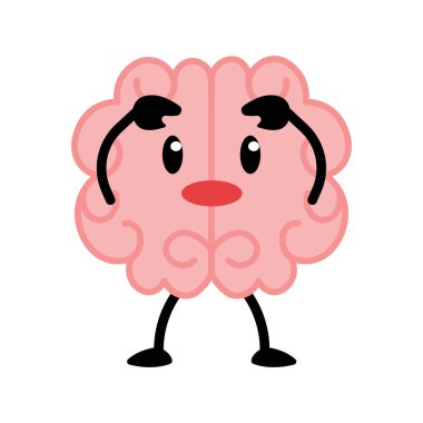 Çizgi film karakteri. Ayakları, elleri ve gülümseyen komik yüzü olan sevimli pembe bir zihin, insan organı zeki maskotu, eğitim sembolü, izole edilmiş emoji, bilgi simgesi süslü vektör seti.