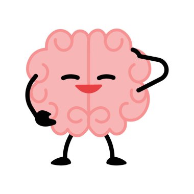 Çizgi film karakteri. Ayakları, elleri ve gülümseyen komik yüzü olan sevimli pembe bir zihin, insan organı zeki maskotu, eğitim sembolü, izole edilmiş emoji, bilgi simgesi süslü vektör seti.