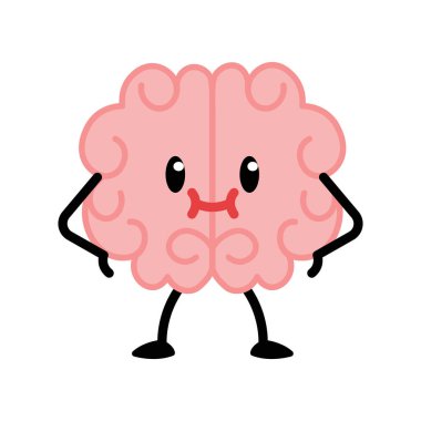 Çizgi film karakteri. Ayakları, elleri ve gülümseyen komik yüzü olan sevimli pembe bir zihin, insan organı zeki maskotu, eğitim sembolü, izole edilmiş emoji, bilgi simgesi süslü vektör seti.