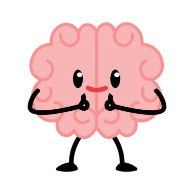 Çizgi film karakteri. Ayakları, elleri ve gülümseyen komik yüzü olan sevimli pembe bir zihin, insan organı zeki maskotu, eğitim sembolü, izole edilmiş emoji, bilgi simgesi süslü vektör seti.