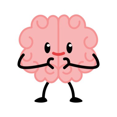 Çizgi film karakteri. Ayakları, elleri ve gülümseyen komik yüzü olan sevimli pembe bir zihin, insan organı zeki maskotu, eğitim sembolü, izole edilmiş emoji, bilgi simgesi süslü vektör seti.
