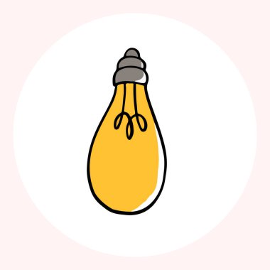 Karalama tarzı parlak sarı ampul, fikirleri ve yaratıcılığı minimalist bir şekilde sembolize ediyor. Ampul karalama el çizimi simgesi. Taslak Renk parlak ampul çizgisi kırpma sembolü çiziyor.