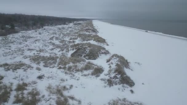 Aerial Shot Flying Snow Covered Dunes Next Calm Sea — Stock videók